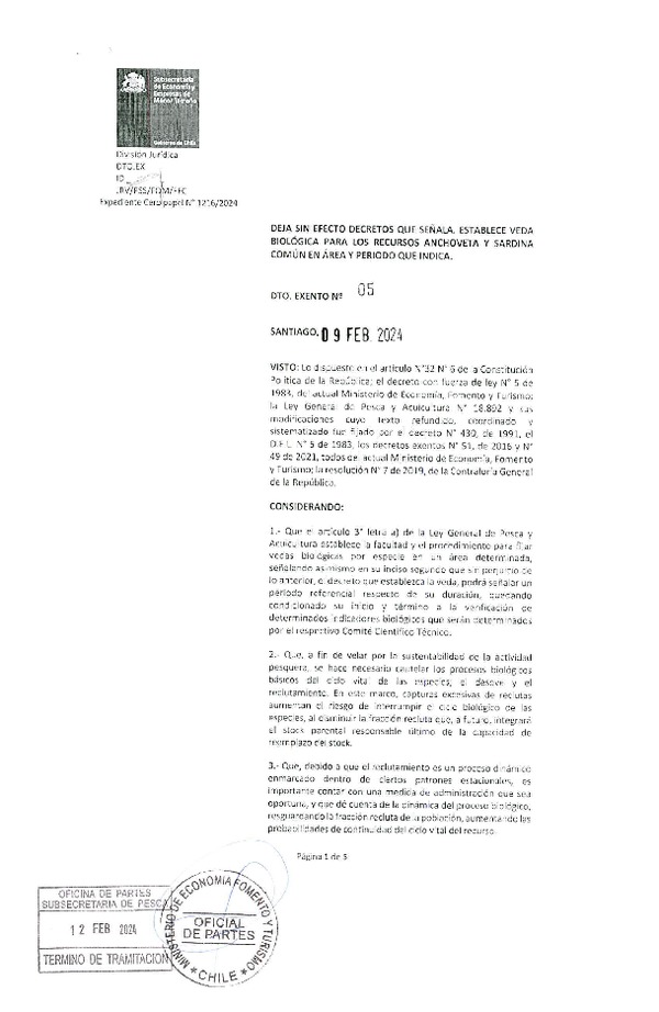 Dec. Ex. N°05-2024 Deja sin efecto Decreto que señala. Establece Veda Biológica para los Recursos Anchoveta y Sardina común, en el Área y periodo que Indica. (Publicado en Página Web 14-02-2024)