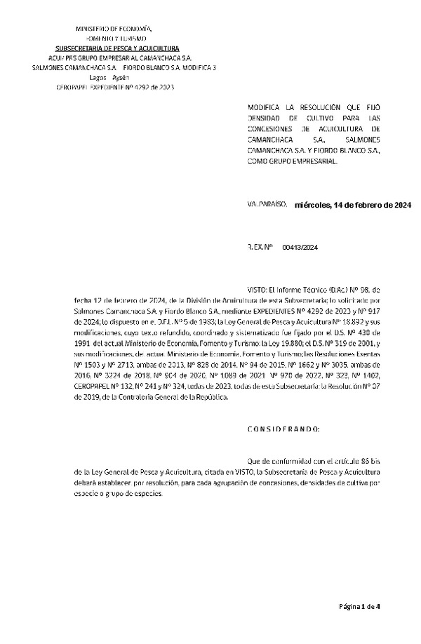 Res. Ex. N° 00413-2024 Modifica Res. Ex. N°0323-2023 Fija densidad de cultivo para las concesiones de Acuicultura de titularidad de Camanchaca S.A., Salmones Camanchaca S.A. y Fiordo Blanco S.A., como grupo empresarial. (Publicado en Página Web 15-02-2024)