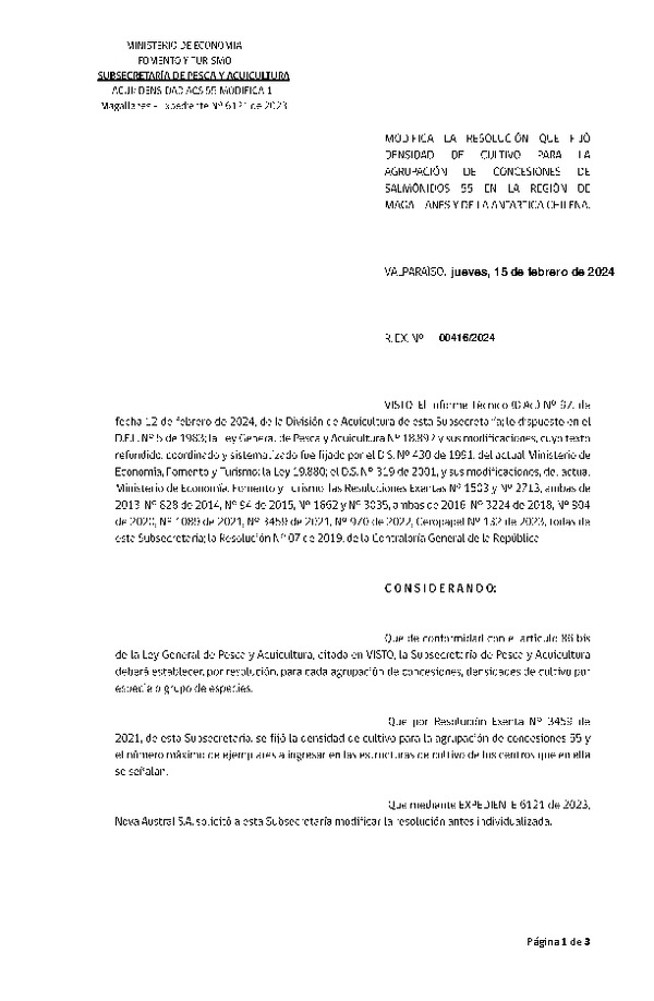 Res. Ex. N° 00416-2024 Modifica Res. Ex. Nº 3459-2021. Fija densidad de cultivo para las agrupación de concesiones de salmónidos 55 en la Región de Magallanes y de La antártica Chilena.(Con informe técnico)(Publicado en Página Web 16-02-2024)