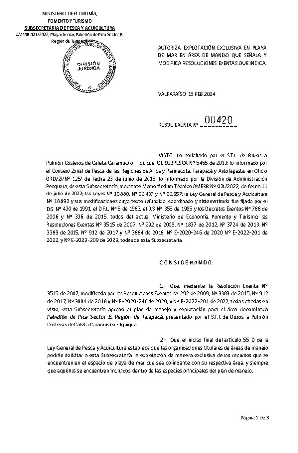 Res. Ex. N° 00420-2024 Autoriza explotación exclusiva en playa de mar en área de manejo que señala y Modifica resoluciones exentas que indica. (Publicado en Página Web 16-02-2024)