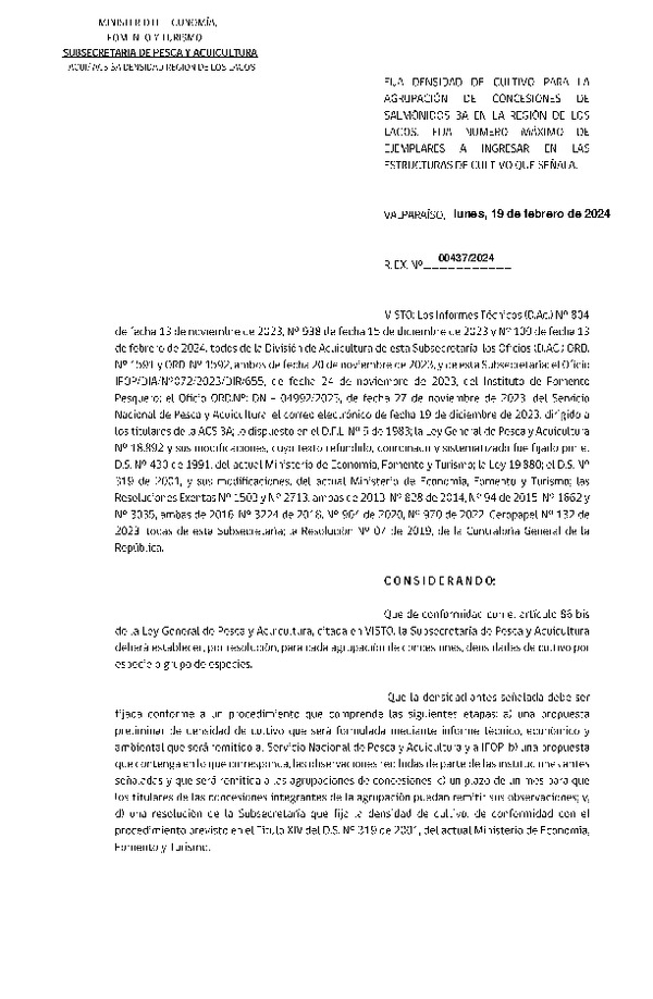 Res. Ex. N° 0437-2024 Fija densidad de cultivo para las agrupación de concesiones de salmónidos 3A en la Región de Los Lagos.(Con informe técnico)(Publicado en Página Web 19-02-2024)