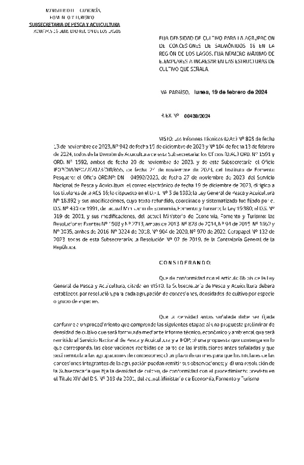 Res. Ex. N° 0438-2024, Fija Densidad de Cultivo para las Agrupación de Concesiones de Salmónidos 16 en la Región de Los Lagos.(Con informe técnico)(Publicado en Página Web 19-02-2024)