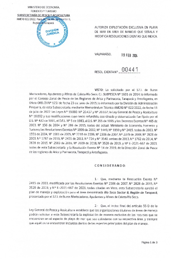 Res. Ex. N° 00441-2024 Autoriza explotación exclusiva en playa de mar en área de manejo que señala y Modifica resoluciones exentas que indica. (Publicado en Página Web 19-02-2024)