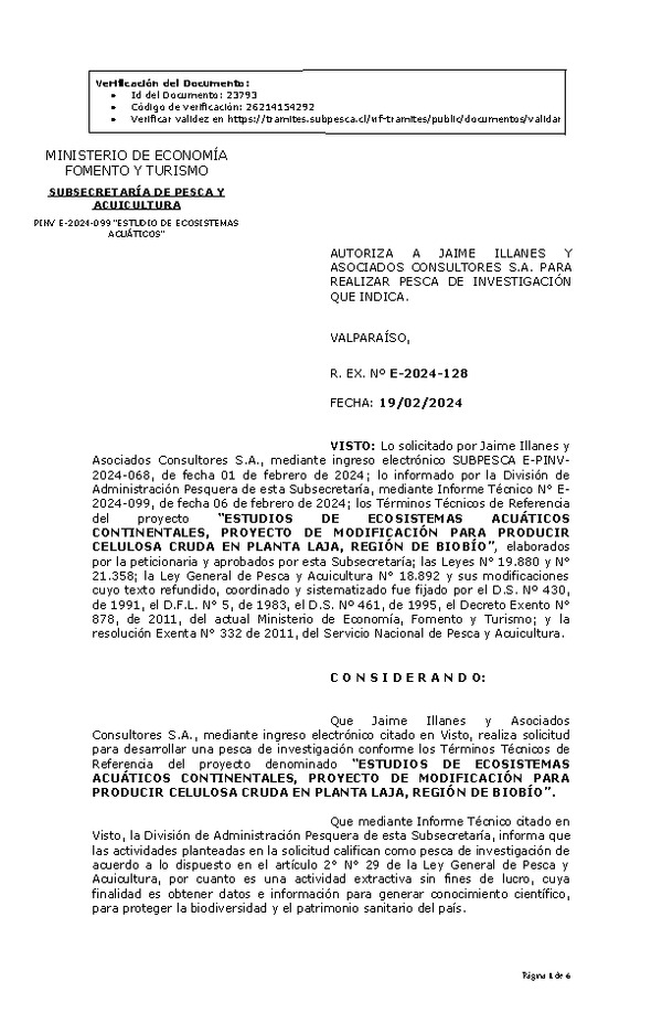 R. EX. Nº E-2024-128 AUTORIZA A JAIME ILLANES Y ASOCIADOS CONSULTORES S.A. PARA REALIZAR PESCA DE INVESTIGACIÓN QUE INDICA.(Publicado en Página Web 20-02-2024)