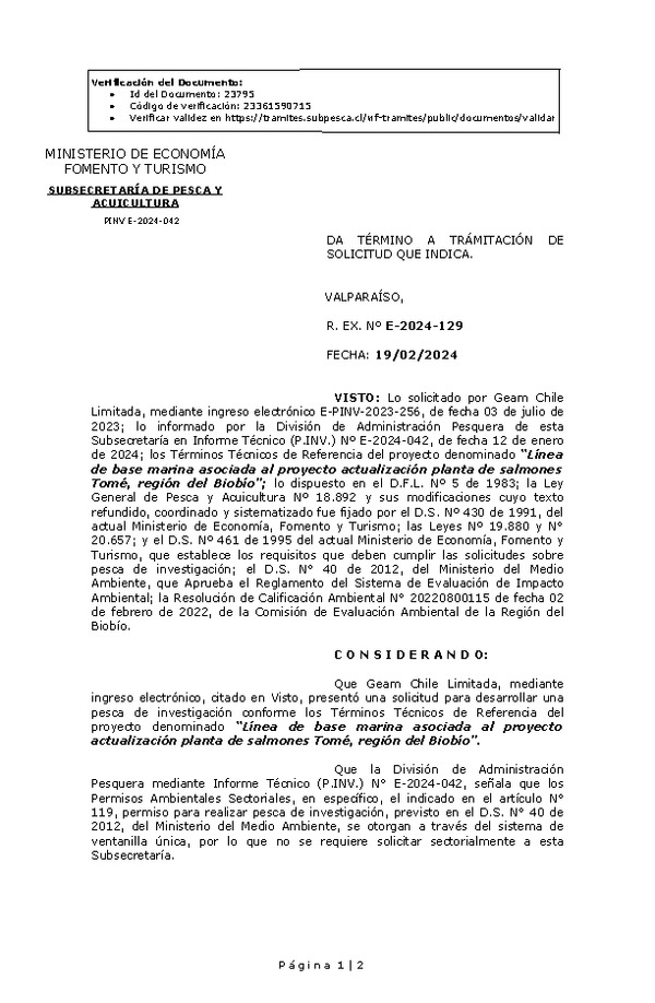 R. EX. Nº E-2024-129 DA TÉRMINO A TRÁMITACIÓN DE SOLICITUD QUE INDICA.(Publicado en Página Web 20-02-2024)