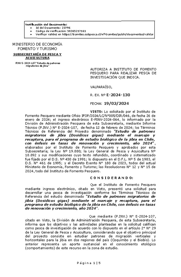 R. EX. Nº E-2024-130 AUTORIZA A INSTITUTO DE FOMENTO PESQUERO PARA REALIZAR PESCA DE INVESTIGACIÓN QUE INDICA.(Publicado en Página Web 20-02-2024)