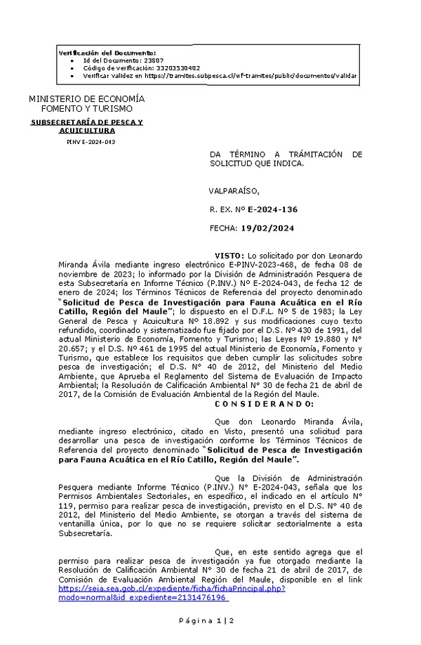 R. EX. Nº E-2024-136 DA TÉRMINO A TRÁMITACIÓN DE SOLICITUD QUE INDICA.(Publicado en Página Web 20-02-2024)