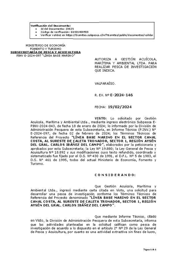 R. EX. Nº E-2024-146 AUTORIZA A GESTIÓN ACUÍCOLA, MARÍTIMA Y AMBIENTAL LTDA. PARA REALIZAR PESCA DE INVESTIGACIÓN QUE INDICA.(Publicado en Página Web 20-02-2024).