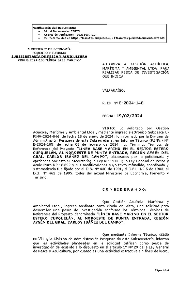 R. EX. Nº E-2024-148 AUTORIZA A GESTIÓN ACUÍCOLA, MARÍTIMA Y AMBIENTAL LTDA. PARA REALIZAR PESCA DE INVESTIGACIÓN QUE INDICA.(Publicado en Página Web 20-02-2024).