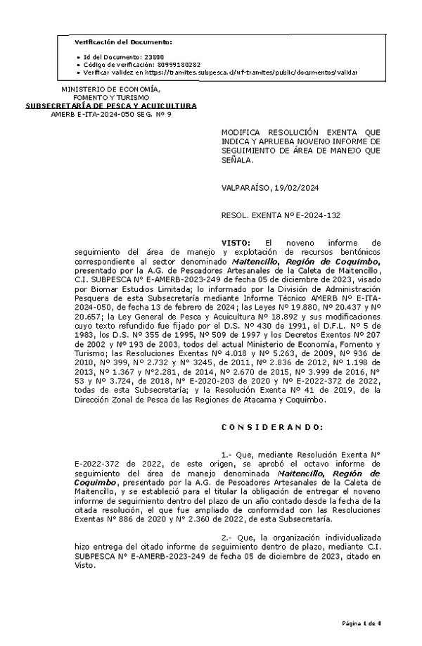 RES. EX. Nº E-2024-132 Modifica Resolución que indica y Aprueba 9° seguimiento. (Publicado en Página Web 20-02-2024)