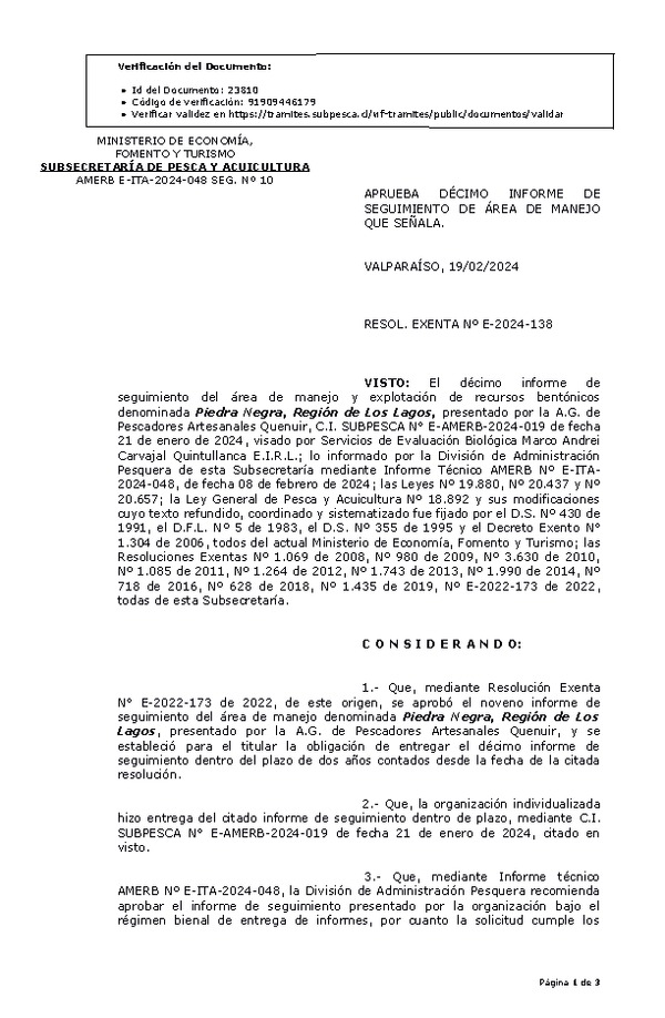 RES. EX. Nº E-2024-138 Aprueba 10º seguimiento. (Publicado en Página Web 20-02-2024)