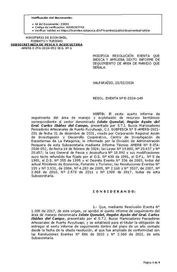 RES. EX. Nº E-2024-149 Modifica Resolución que indica y Aprueba 6º seguimiento. (Publicado en Página Web 20-02-2024)