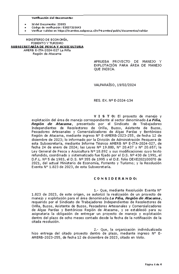 Res Ex N° E-2024-134, Autoriza Realización de Proyecto de Manejo y Explotación en Área de Manejo que Indica. (Publicado en Página Web 20-02-2024))