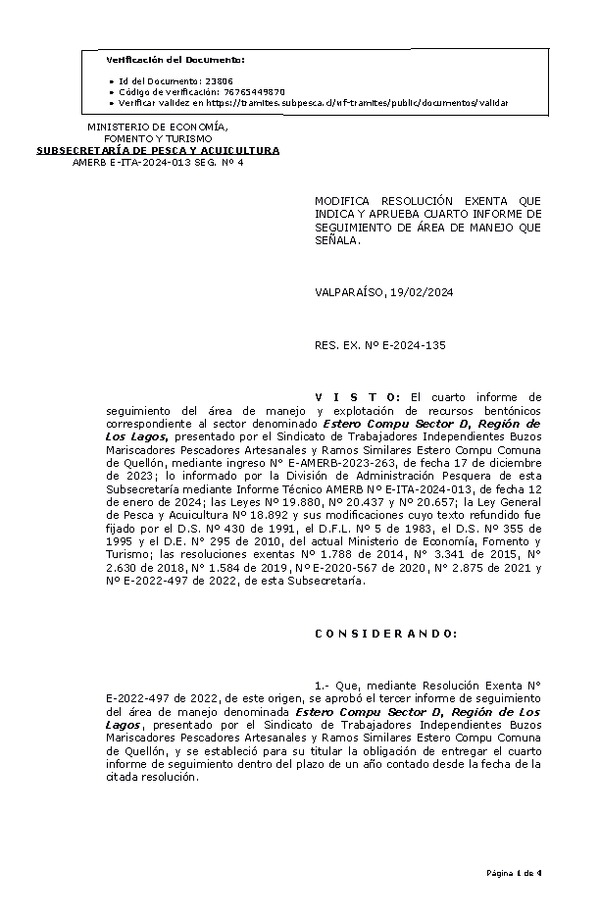 RES. EX. Nº E-2024-135 Modifica Resolución que indica y Aprueba 4º seguimiento. (Publicado en Página Web 20-02-2024).