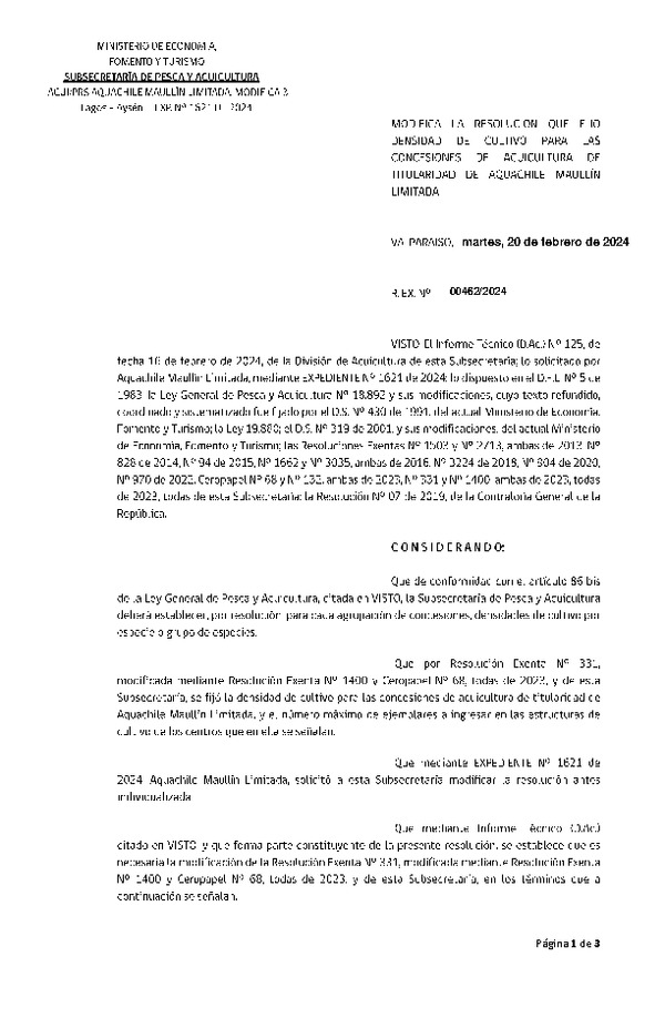 Res. Ex. N° 00462-2024 Modifica Res Ex. Nº 331-2023 Fija densidad de cultivo para las concesiones de acuicultura de titularidad de Aquachile Maullín Limitada.(Con informe técnico) (Publicado en Página Web 21-02-2024)