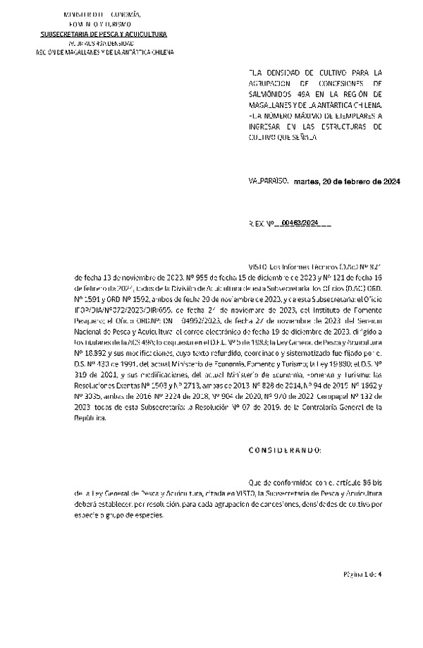 Res. Ex N° 00463-2024, Fija densidad de cultivo para las concesiones de Salmónidos 49A, Región de Magallanes y de La Antártica Chilena. Fija número máximo de ejemplares a ingresar en las estructuras de cultivo que señala.(Con Informe Técnico)(Publicado en Página Web 21-02-2024).