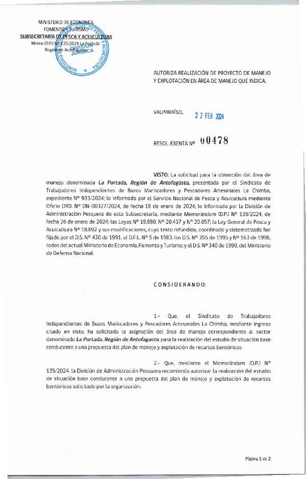 Res Ex N° 00478-2024, Autoriza Realización de Proyecto de Manejo y Explotación en Área de Manejo que Indica. (Publicado en Página Web 22-02-2024)