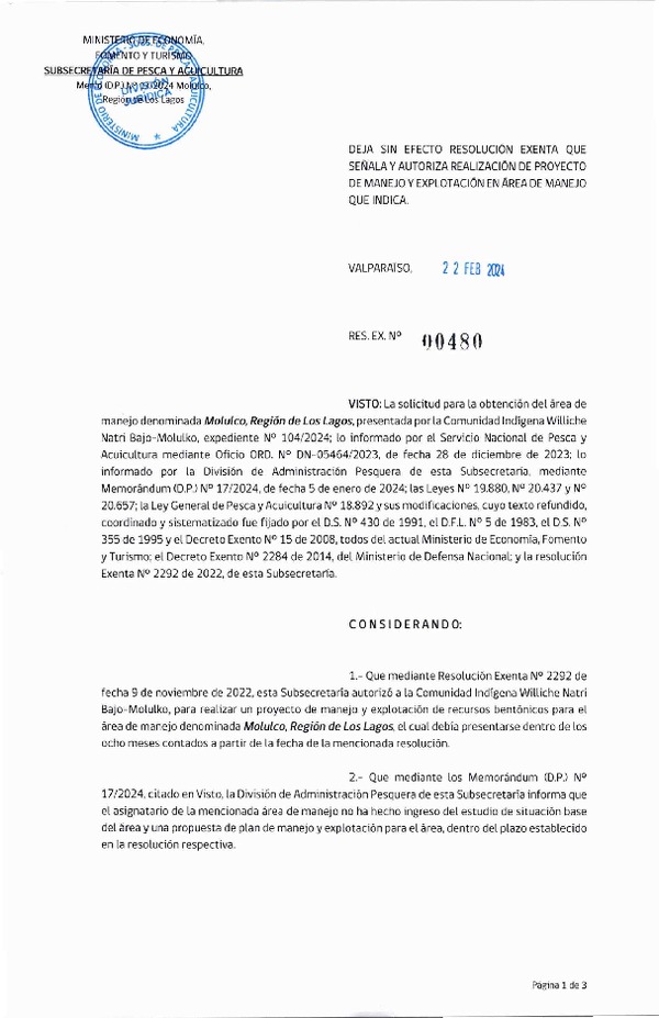 Res. Ex. Nº 00480-2024, Deja sin efecto Res. Ex. que señala y Autoriza Realización de Proyecto de Manejo y Explotación en Área de Manejo que Indica. (Publicado en Página Web 22-02-2024)