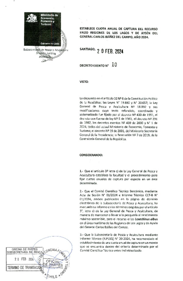 Dec. Ex. N° 10-2024 Establece cuota anual de captura del recurso Erizo Regiones de Los Lagos y Aysén, año 2024. (Publicado en Página Web 26-02-2024).