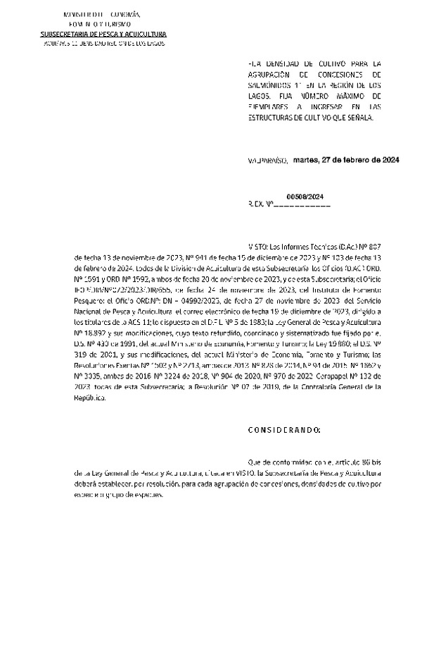 Res. Ex. N° 00508-2024, Fija Densidad de Cultivo para las Agrupación de Concesiones de Salmónidos 11 en la Región de Los Lagos. Fija número máximo de ejemplares a ingresar. (Con informe técnico)(Publicado en Página Web 28-02-2024)