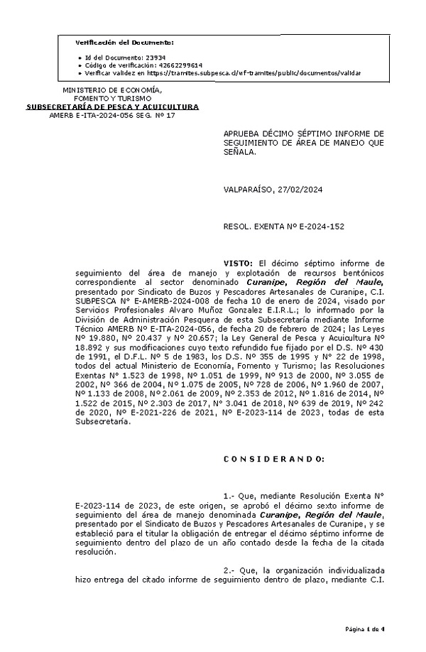 RES. EX. Nº E-2024-152 Aprueba 17º seguimiento. (Publicado en Página Web 28-02-2024).