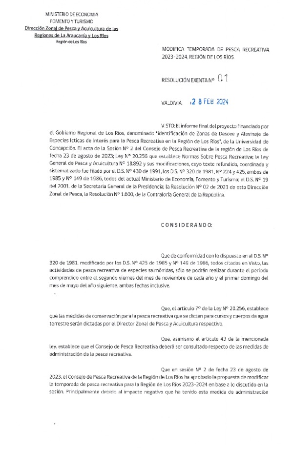 Res Ex Nº 01-2024 (DZP La Araucanía y Los Ríos) Modifica temporada de pesca recreativa 2023-2024, de la región de Los Ríos. (Publicado en Página Web 28-02-2024)
