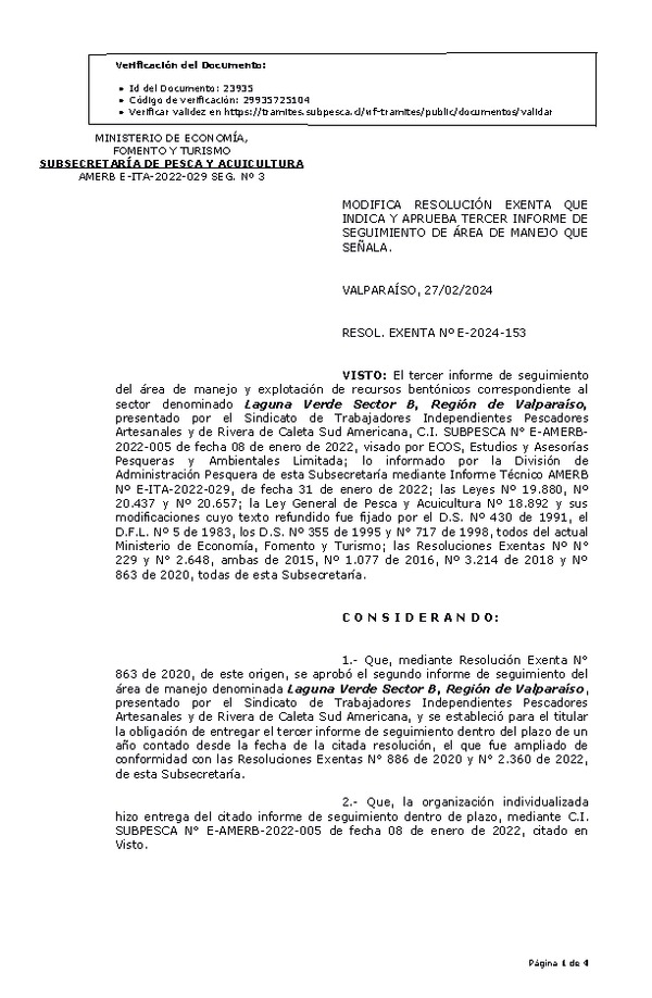 RES. EX. Nº E-2024-153 Modifica Resolución exenta y Aprueba 3º seguimiento. (Publicado en Página Web 28-02-2024).