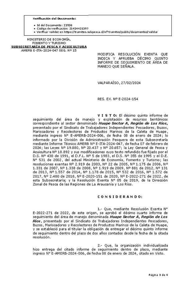 RES. EX. Nº E-2024-154 Modifica Resolución exenta y Aprueba 15º seguimiento. (Publicado en Página Web 28-02-2024).