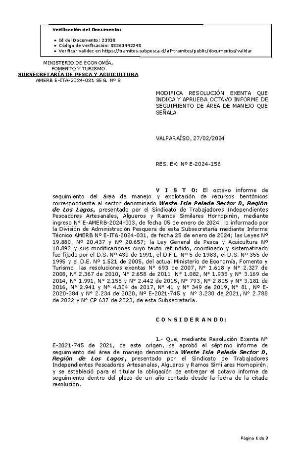  RES. EX. Nº E-2024-156 Modifica Resolución exenta y Aprueba 8º seguimiento. (Publicado en Página Web 28-02-2024).