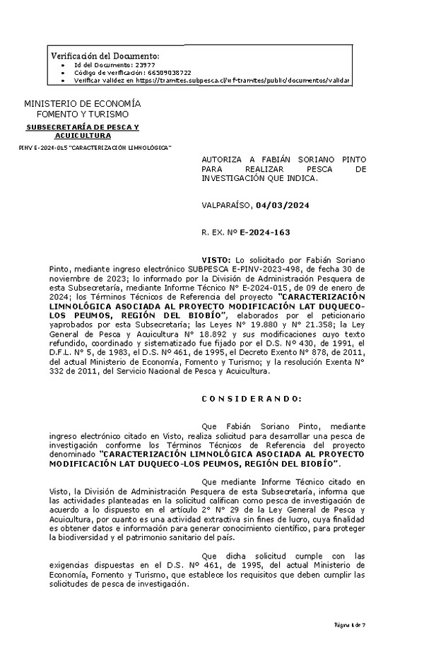 R. EX. Nº E-2024-163 AUTORIZA A FABIÁN SORIANO PINTO PARA REALIZAR PESCA DE INVESTIGACIÓN QUE INDICA. (Publicado en Página Web 06-03-2024).