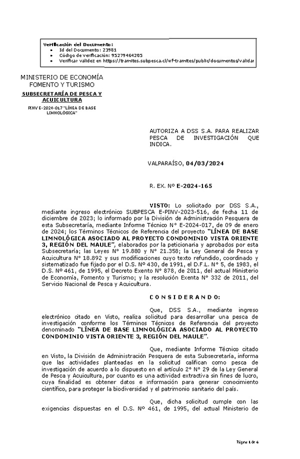 R. EX. Nº E-2024-165 AUTORIZA A DSS S.A. PARA REALIZAR PESCA DE INVESTIGACIÓN QUE INDICA. (Publicado en Página Web 06-03-2024).