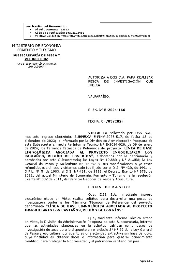 R. EX. Nº E-2024-166 AUTORIZA A DSS S.A. PARA REALIZAR PESCA DE INVESTIGACIÓN QUE INDICA. (Publicado en Página Web 06-03-2024).