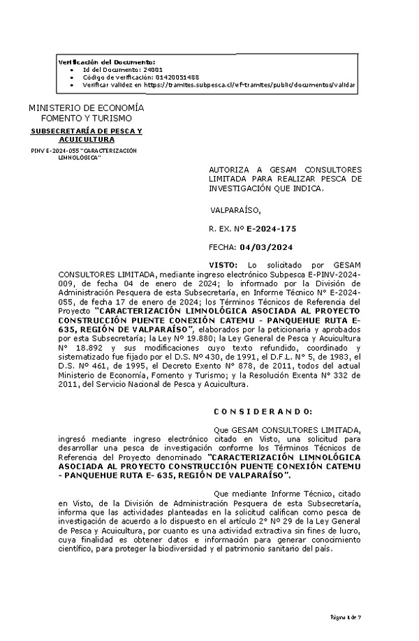 R. EX. Nº E-2024-175 AUTORIZA A GESAM CONSULTORES LIMITADA PARA REALIZAR PESCA DE INVESTIGACIÓN QUE INDICA. (Publicado en Página Web 06-03-2024).