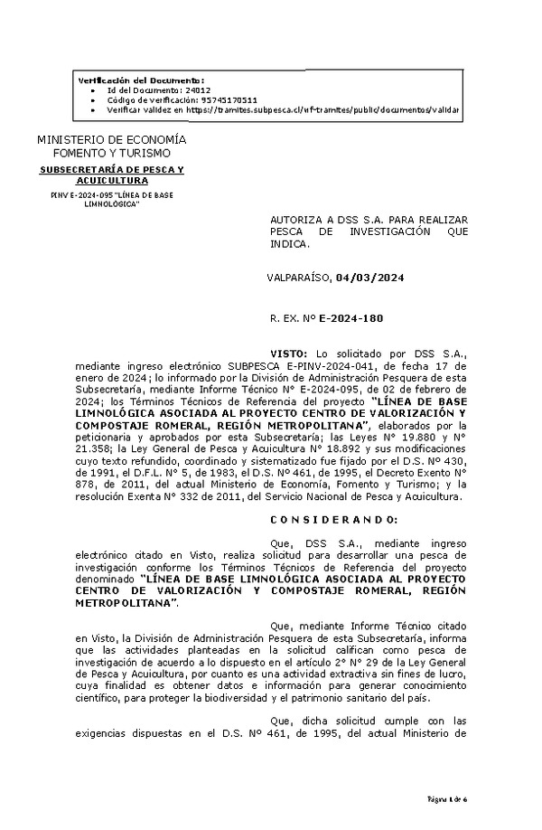 R. EX. Nº E-2024-180 AUTORIZA A DSS S.A. PARA REALIZAR PESCA DE INVESTIGACIÓN QUE INDICA. (Publicado en Página Web 06-03-2024).