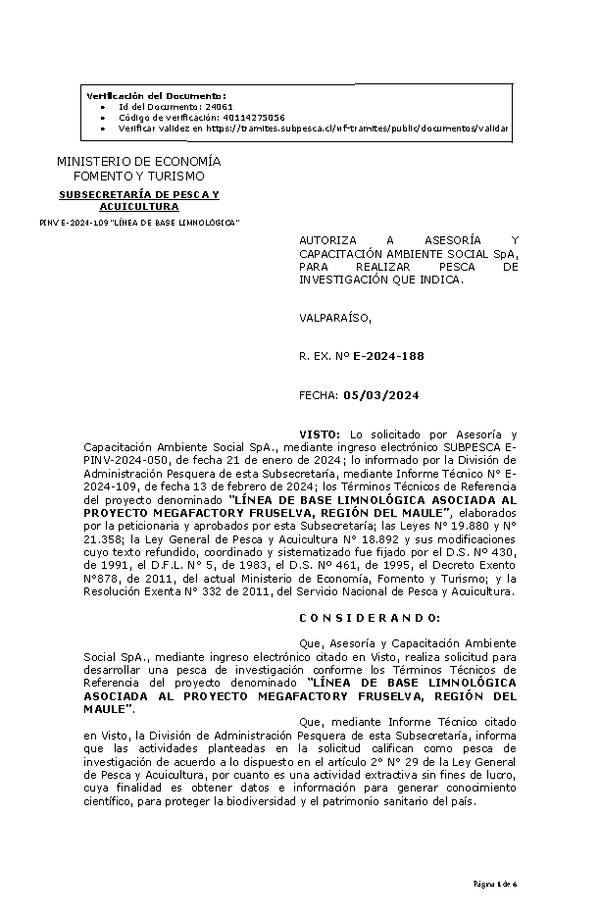 R. EX. Nº E-2024-188 AUTORIZA A ASESORÍA Y CAPACITACIÓN AMBIENTE SOCIAL SpA, PARA REALIZAR PESCA DE INVESTIGACIÓN QUE INDICA.(Publicado en Página Web 07-03-2024).