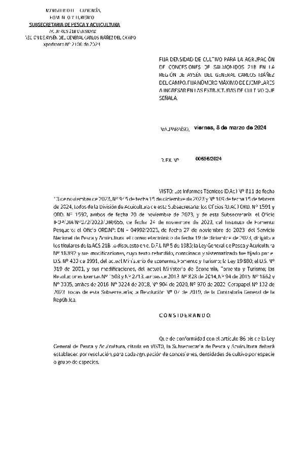 Res. Ex. N° 00656-2024, Fija Densidad de Cultivo para las Agrupación de Concesiones de Salmónidos 21B en la Región de Aysén. Fija Número Máximo de ejemplares a Ingresar en las Estructuras de Cultivo que Señala. (Con informe técnico) (Publicado en Página Web 11-03-2024)