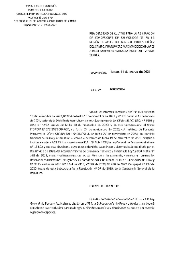 Res. Ex. N° 00665-2024, Fija Densidad de Cultivo para las Agrupación de Concesiones de Salmónidos 33 en la Región de Aysén. Fija Número Máximo de Ejemplares a Ingresar en las Estructuras de Cultivo que Señala. (Con informe técnico) (Publicado en Página Web 11-03-2024)