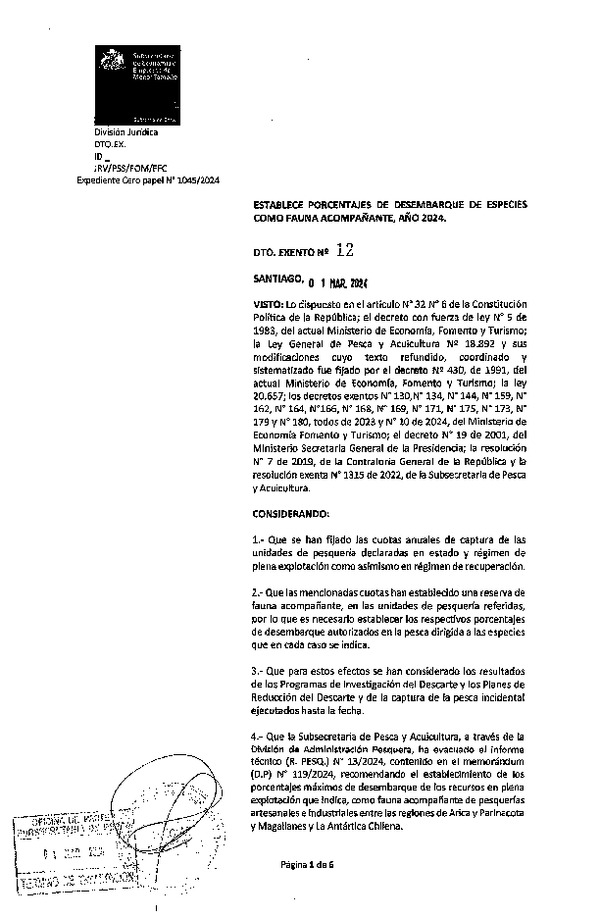 Dec. Ex. 12-2024 Establece Porcentajes de Desembarque de Especies como Fauna Acompañante, año 2024. (Publicado en Página Web 12-03-2024) (F.D.O. 07-03-2024)