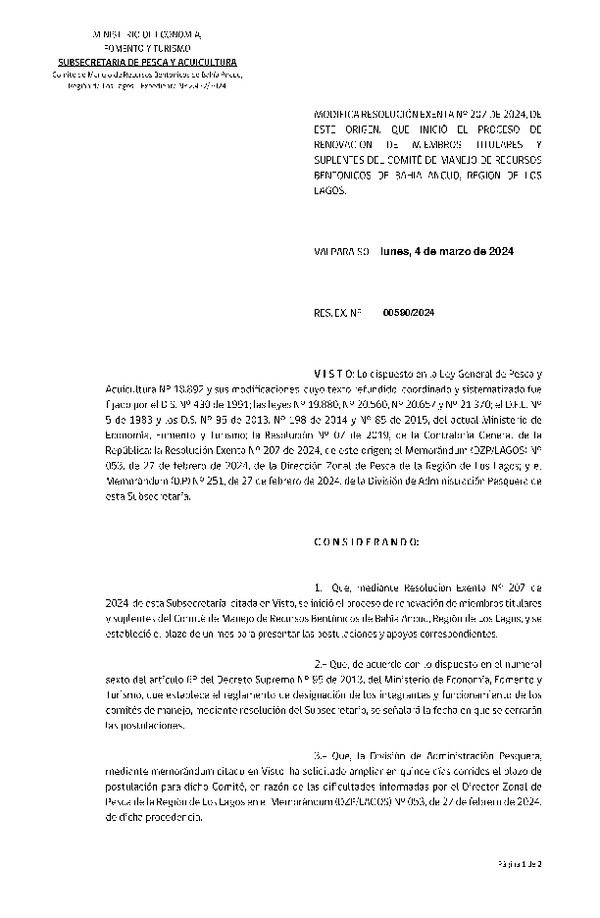 Res. Ex. N° 00590-2024 Modifica Res. Ex. N° 00207-2024 Inicia Proceso de renovación de Miembros Titulares y Suplentes del Comité de manejo de Recursos Bentónicos de Bahía Ancud, Región de Los lagos. (Publicado en Página Web 05-03-2024)