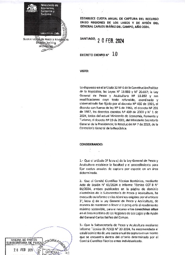 Dec. Ex. N° 10-2024 Establece Cuota Anual de Captura del Recurso Erizo, Regiones de Los Lagos y de Aysén del General Carlos Ibañez del Campo, Año 2024. (Publicado en Página Web 13-03-2024)