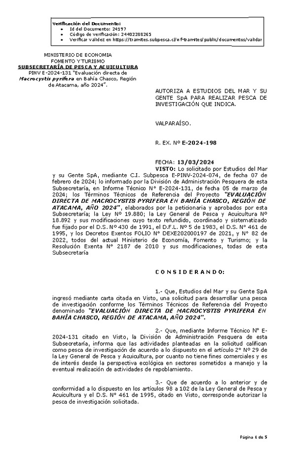 R. EX. Nº E-2024-198 AUTORIZA A ESTUDIOS DEL MAR Y SU GENTE SpA PARA REALIZAR PESCA DE INVESTIGACIÓN QUE INDICA. (Publicado en Página Web 14-03-2024).