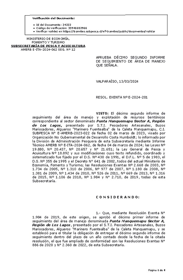 RESOL. EXENTA Nº E-2024-201 Aprueba 12° seguimiento. (Publicado en Página Web 14-03-2024).