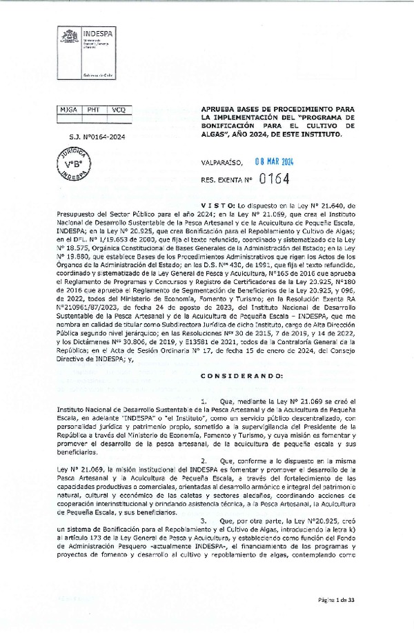 Res. Ex. N° 164-2024 (INDESPA) Aprueba Bases de Procedimiento para la Implementación del Programa de Bonificación para el Cultivo de Algas, Año 2024, de este Instituto. (Publicado en Página Web 14-03-2024)