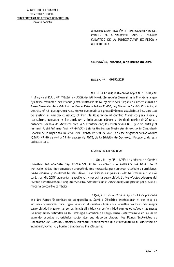 Res. Ex. N° 00650-2024 Aprueba Constitución y Funcionamiento del Comité de Adaptación para el Cambio Climático de la Subsecretaría de Pesca y Acuicultura. (Publicado en Página Web 08-03-2024)