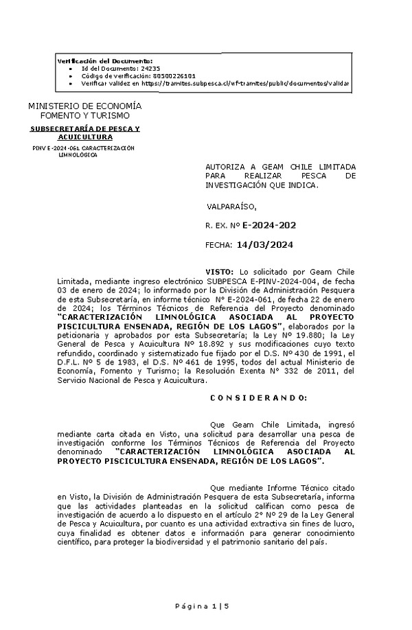 R. EX. Nº E-2024-202 AUTORIZA A GEAM CHILE LIMITADA PARA REALIZAR PESCA DE INVESTIGACIÓN QUE INDICA. (Publicado en Página Web 15-03-2024).