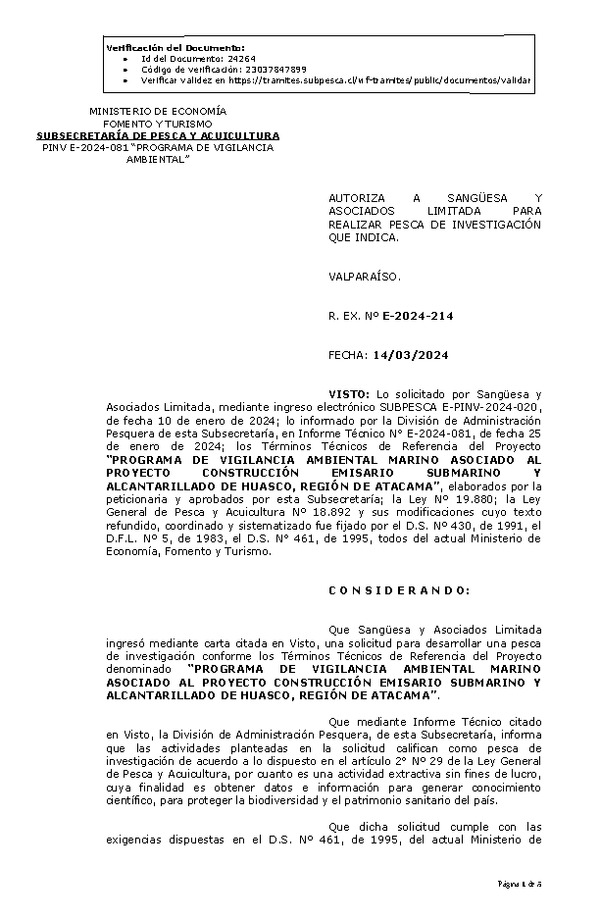 R. EX. Nº E-2024-214 AUTORIZA A SANGÜESA Y ASOCIADOS LIMITADA PARA REALIZAR PESCA DE INVESTIGACIÓN QUE INDICA. (Publicado en Página Web 15-03-2024).