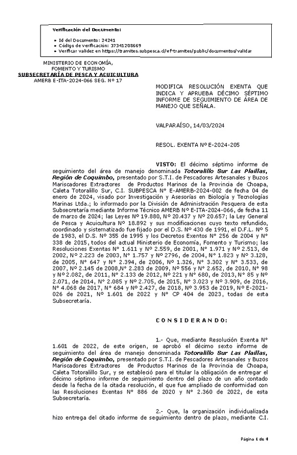 Res. Ex. N° 00205-2024 Modifica resolución que indica, Aprueba 17° seguimiento. (Publicado en Página Web 15-03-2024)