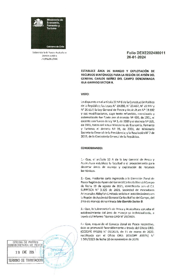 Dec. Ex. Folio 202400011 Establece Área de manejo y Explotación de Recursos Bentónicos para la Región de Aysén del general Carlos Ibáñez del Campo Denominada Isla Garrido Sector B. (Publicado en Página Web 18-03-2024)