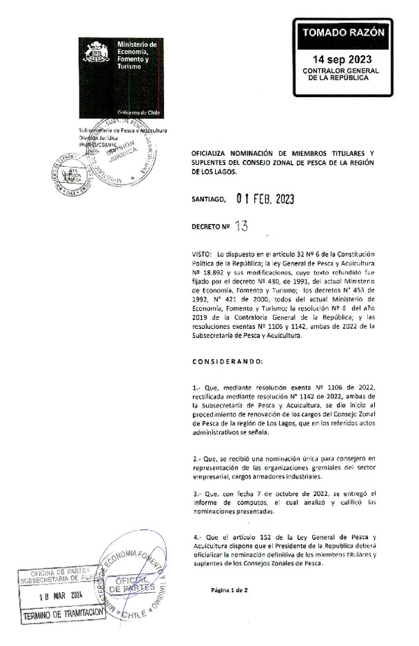 D.S. N° 13-2023 Oficializa Nominación de Miembros Titulares y Suplentes del Consejo Zonal de Pesca de la Región de Los Lagos. (Publicado en Página Web 18-03-2024)