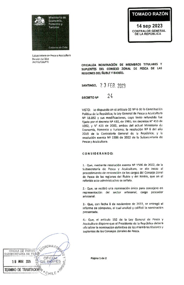 D.S. N° 24-2023 Oficializa Nominación de Miembros Titulares y Suplentes del Consejo Zonal de Pesca de las Regiones del Ñuble y Biobío. (Publicado en Página Web 18-03-2024)